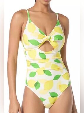 Kate Spade Lemon Print Tie Front Shirred One-Piece Swimsuit NWT